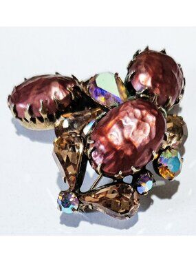 VTG 50s Unsigned Regency Brooch AB Crystal Baroque Faux Pearl Topaz Rhinestone